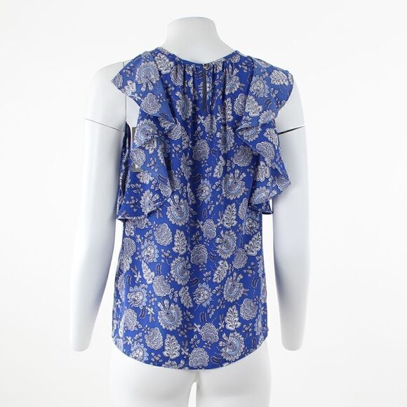 Vince Camuto Printed Ruffle-Trim Top Deep Azure - Picture 3 of 5